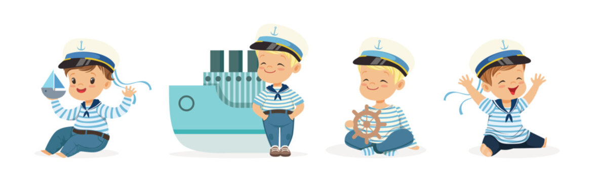 Little Children Sailor in Striped Shirt and Cap Vector Set
