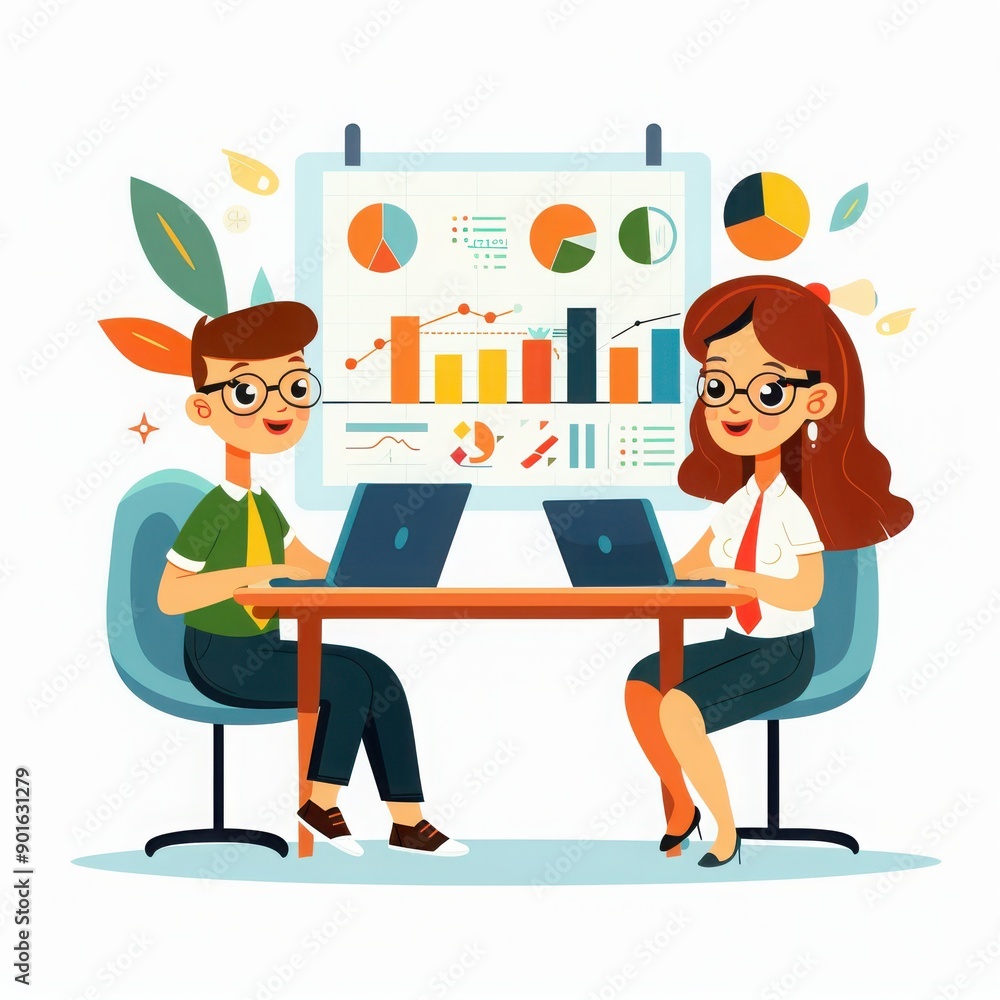 Aufkleber two professionals collaborating on data analysis, using laptops and discussing charts in a modern of
