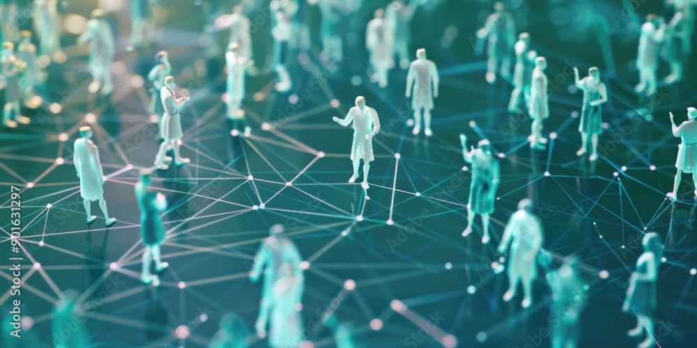 Poster a group of people are connected by a network of lines. the people are small and appear to be animate