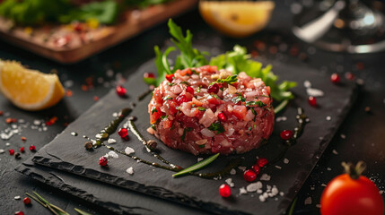 Beef tartare on a black slate