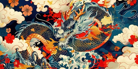 Japanese dragon with floral and wave patterns.