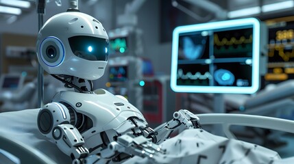 Fototapeta premium Healthcare Robot: A robot assisting a doctor with patient care in a futuristic hospital, monitoring vitals and administering treatment. 