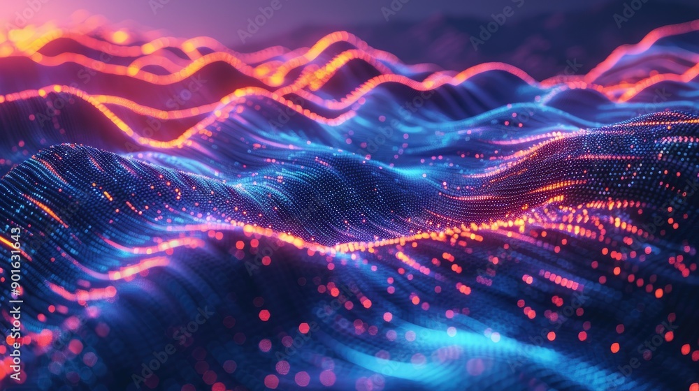 Wall mural fluorescent, flowing shapes in a tech background