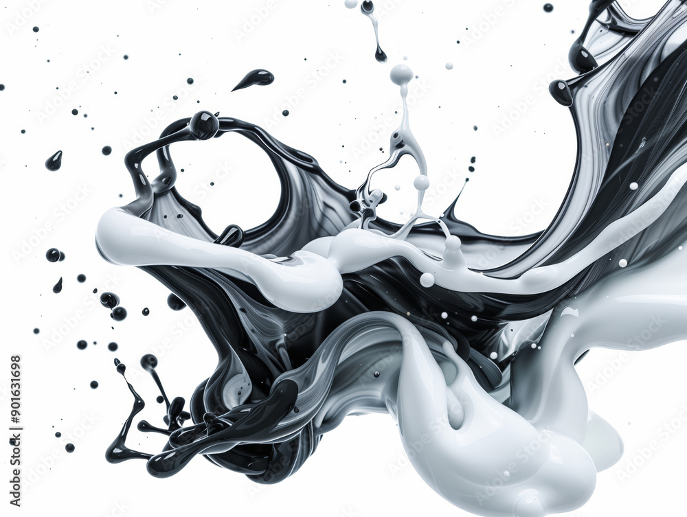 Poster dynamic splash of black and white paint creating an abstract artistic design on a clean background.