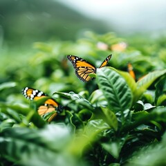 Obraz premium Green tea in a lush garden with butterflies, Green tea, Nature, beauty