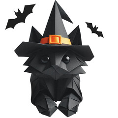 black cats halloween,origami of Black Cat in Witch Hat on Halloween.