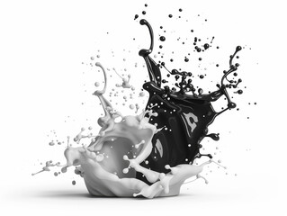 Dynamic splash of black and white paint creating a striking visual contrast and artistic expression in motion.