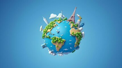 Naklejka premium Whimsical 3D Cartoon Planet Earth with Global Landmarks and Sustainable Future
