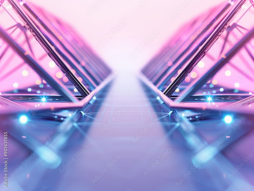 Poster futuristic view of illuminated panels creating a vibrant pathway with soft colorful lights, ideal fo