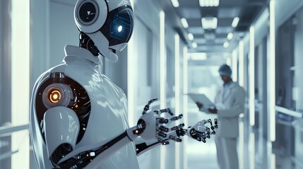 Fototapeta premium Healthcare Robot: A robot assisting a doctor with patient care in a futuristic hospital, monitoring vitals and administering treatment. 