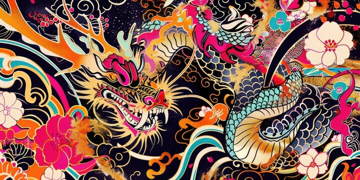 Japanese dragon, flowers, and waves.