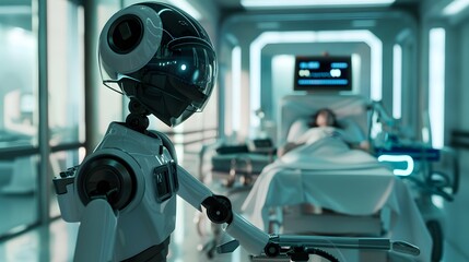 Healthcare Robot: A robot assisting a doctor with patient care in a futuristic hospital, monitoring vitals and administering treatment. 
