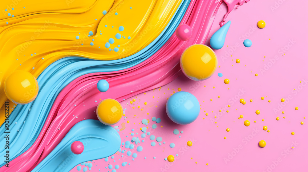 Poster vibrant abstract art featuring colorful paint swirls and playful spheres creating a joyful and dynam
