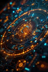 A glowing high-tech circular interface with blue and orange digital elements, representing data, technology, and the complexity of advanced systems in a dynamic digital environment.