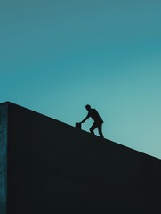 A man is climbing a wall with a briefcase in his hand. The image has a mood of determination and focus