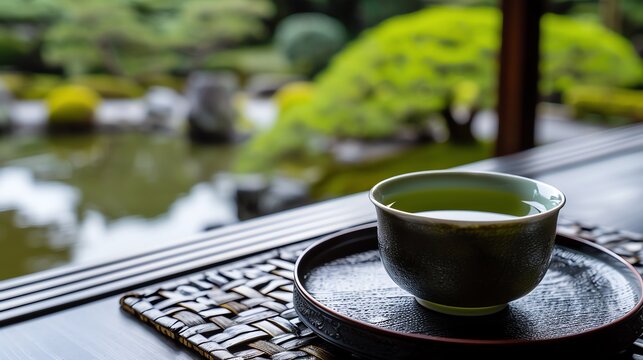 Green tea with a zen garden background, Green tea, Peaceful, natural