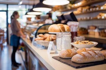 Modern Bakery Interior with Fresh Bread Displayed on Counter and Shelves, Customer in Background