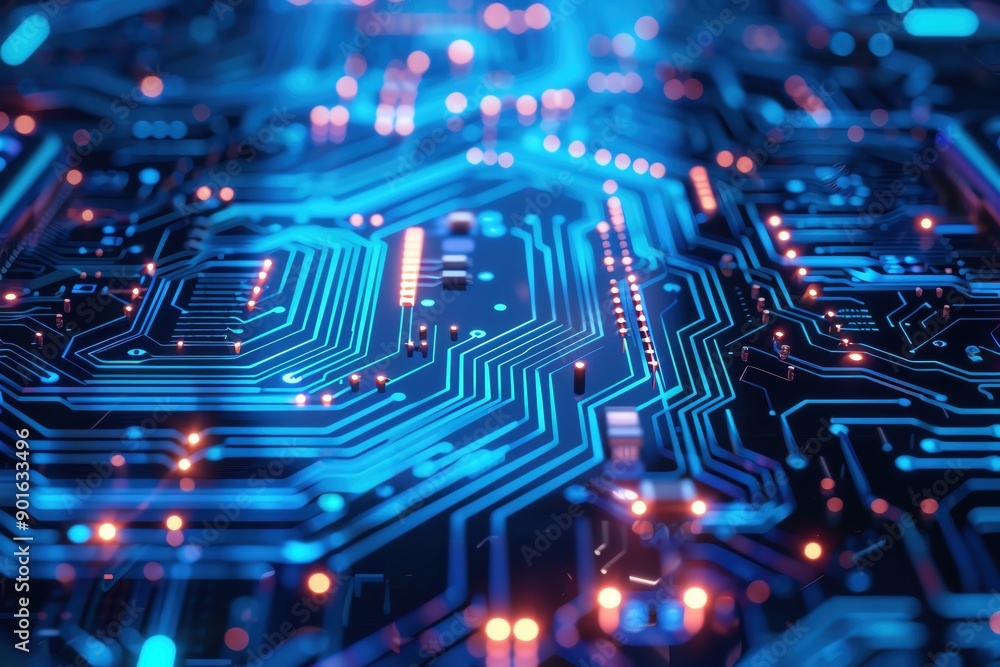 Aufkleber close-up of a futuristic circuit board with glowing blue lights and intricate patterns, showcasing a