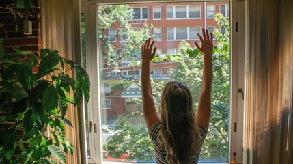 Farewell from Dorm: Student Waving Goodbye to Family through Window Emotionally Realistic Scene in University Room