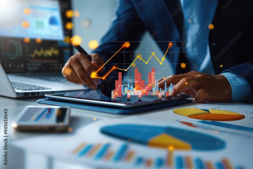 Poster a man is drawing graphs on a tablet while sitting at a desk with a laptop and a cell phone