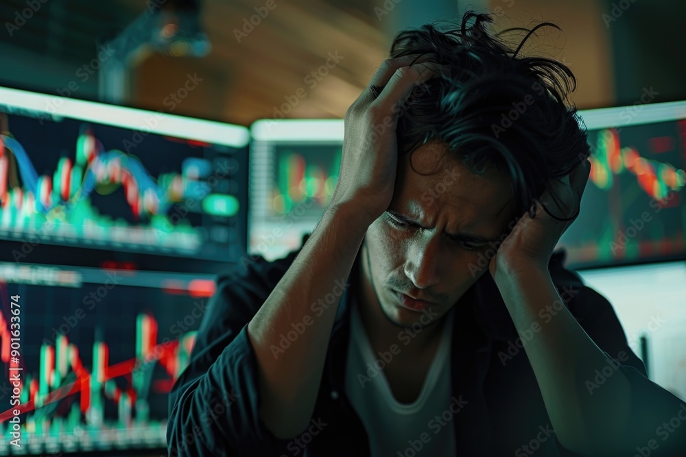 Poster a man is sitting in front of a computer monitor with his hands on his head. he is stressed or overwh