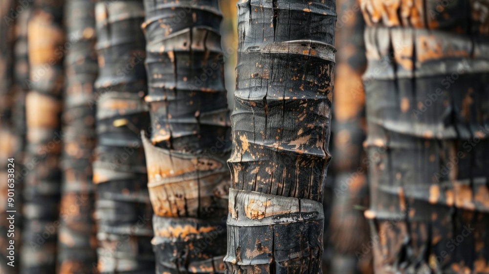 Poster a row of dead tree trunks with a lot of bark and dirt on them
