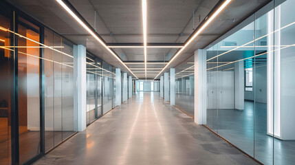 A photo of the interior space in a modern and minimalist style with glass walls and doors on both sides of an empty office corridor