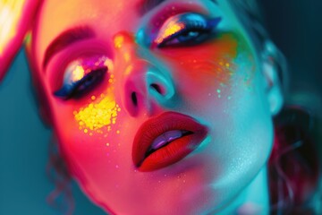 A woman with colorful makeup on her face. The makeup is bright and vibrant, giving the impression of a fun and energetic mood