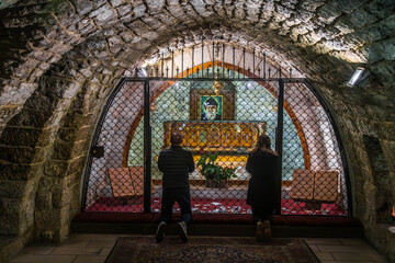 The Saint Charbel Tomb in Aannaya, Lebanon, famous for Maronite priest, with religious Christian...