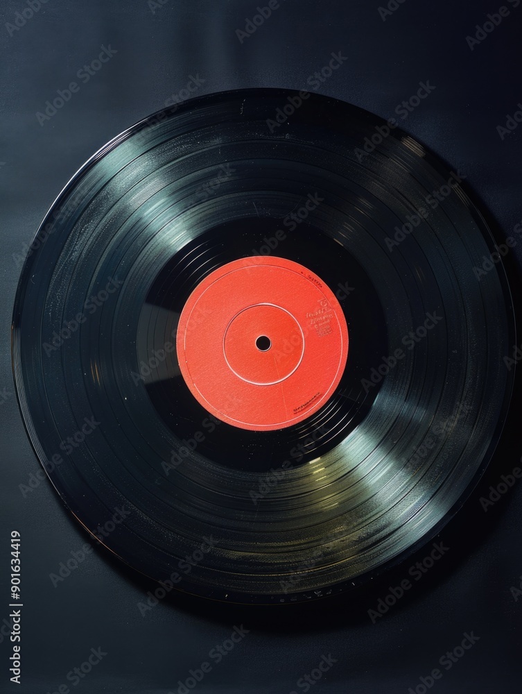 Poster a black record with a red circle in the middle. the record is old and worn