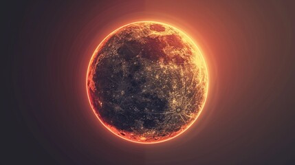 A close up of a red and black planet with a bright orange sun. The planet is surrounded by a dark sky