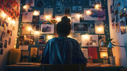 Fototapeta premium Creative Dorm Room Decor: Student Hanging Posters and String Lights on Wall in Realistic Setting