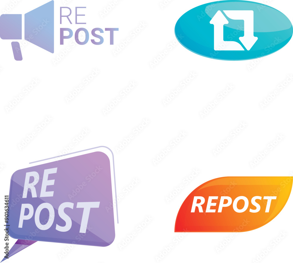 Poster repost symbol icons set cartoon vector. retweet, repost and share button. spreading information on i