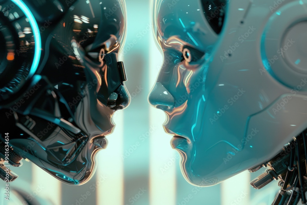 Aufkleber two robots with blue faces are facing each other. the robots are made of metal and have a futuristic