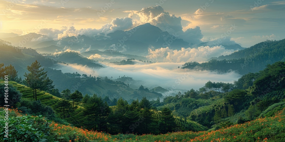 Sticker sunrise over misty mountains