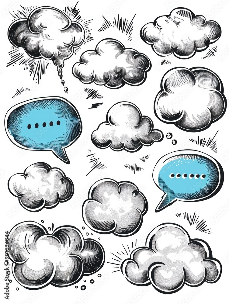 Aufkleber a set of clouds with a blue speech bubble in the middle. the clouds are drawn in a stylized way, wit