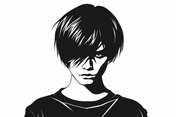 A young man with short hair and a black shirt is staring at the camera. The image has a dark and moody atmosphere, with the boy's expression conveying a sense of anger or frustration