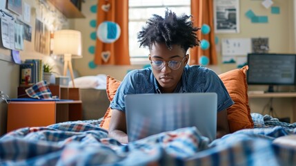 Young College Student Checking Schedule on Laptop in Cozy Dorm Room