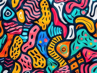 A colorful abstract painting with a lot of different shapes and colors. The painting is full of energy and movement, and it seems to be a representation of the artist's creativity and imagination