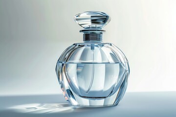 Elegant glass perfume bottle showcasing sparkling clear liquid, perfect for beauty, fashion, and luxury product promotions.