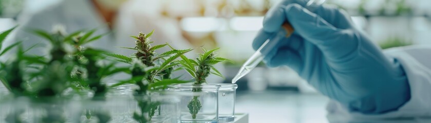 Scientist in laboratory conducting research on plants, using pipette. Biotechnology and botany concept, science and nature integration.