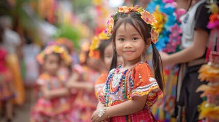 Fototapeta premium Smiling girl in traditional costume at colorful cultural festival. Children celebrating with happiness and vibrant attire in a joyous atmosphere.