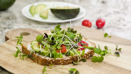 Freshly Prepared Open-Faced Sandwich With Avocado and Microgreens