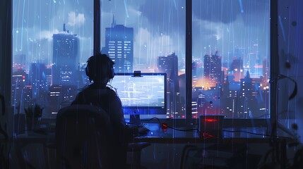 A person in a dark room with a large window. They are sitting at a desk and looking at a computer screen. The window shows a rainy city skyline at night. The city lights are visible through the rain.