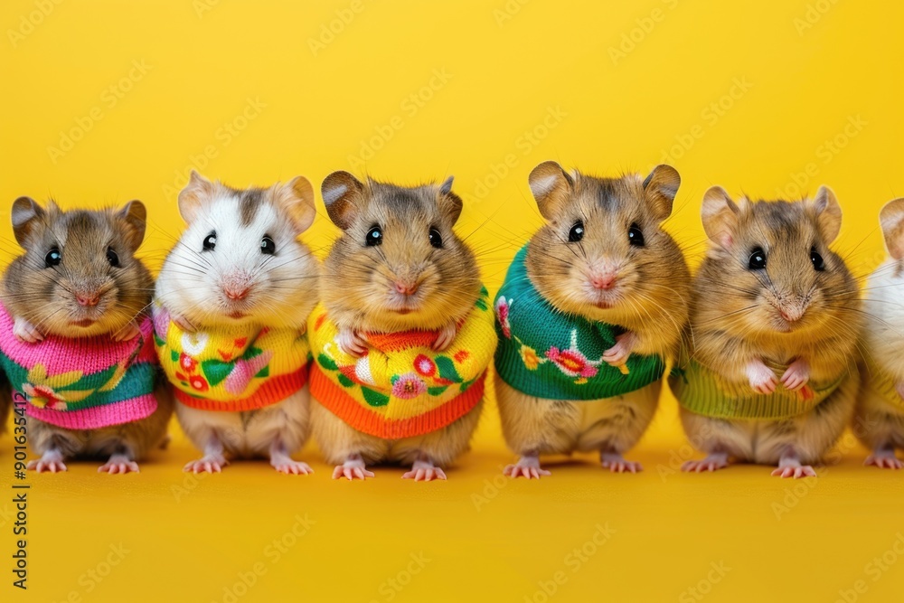 Poster a row of small hamsters wearing sweaters. the sweaters are in different colors and patterns