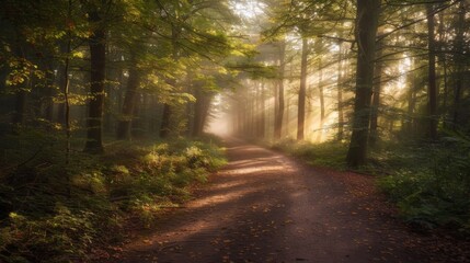 Sunlight filtering through the trees on a tranquil forest path. Peaceful nature walk. Bright sunlight illuminating a serene woodland trail.