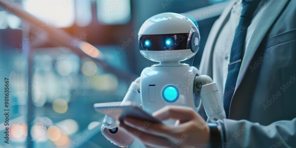 Poster a robot is holding a tablet in its hand. the robot is wearing a suit and he is a business robot