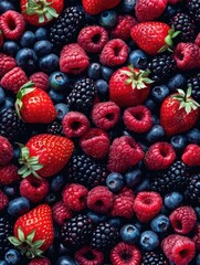 A close up of a variety of berries including blueberries, blackberries, and strawberries. Concept of abundance and freshness, as the berries are piled high and spread out across the frame