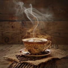 Fototapeta premium A vintage cup of coffee with steam swirling elegantly, placed on a wooden background with coffee beans. 