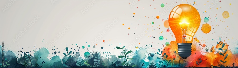 Poster simple lightbulb with green watercolor splash abstract art background with grass texture